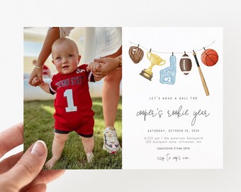 Editable Sports Birthday Invitation Template with Picture | Rookie Year Photo Invite | Let's Have a Ball Rookie is One First Bday S290