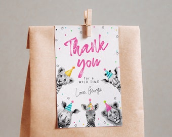 Party Animal Favor Tag Template | Editable Girl Birthday Party Printable Thank You Gift Tag S595