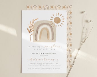 Rainbow Baby Shower Invitation Template | A Little Ray of Sunshine is on the Way Editable Invite | Gender Neutral Muted Boho Sun S201