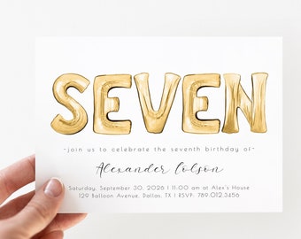 7th Birthday Invitation Template | Editable Gold SEVEN Balloon Birthday Invitation Golden 7th Bday Paperless or Printable Invite S379