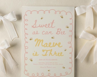 Sweet as can Bee 3rd Birthday Invitation Template - Editable Honey Bee I'm Three Invite S1006
