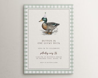 One Lucky Duck Birthday Invitation Template | Editable Boy 1st Birthday Green Printable Invite | Duck First Birthday S585