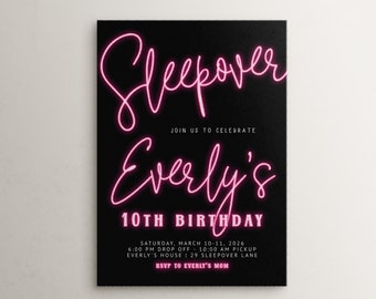 Sleepover Birthday Party Invitation Template | Editable Pink Neon Lights Slumber Party Bday Printable Invite S544