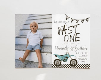 Plantilla de invitación de cumpleaños rápida para el primer cumpleaños con foto / Invitación de primer cumpleaños con foto de moto de cross editable / Primer cumpleaños de niño veloz S479