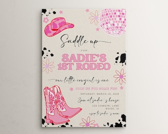 Girl 1st Rodeo Birthday Invitation Template | Editable Our Little Cowgirl is One Disco Cowgirl Disco Western First Birthday Invite S536