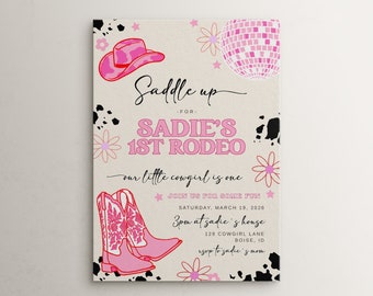 Girl 1st Rodeo Birthday Invitation Template | Editable Our Little Cowgirl is One Disco Cowgirl Disco Western First Birthday Invite S536