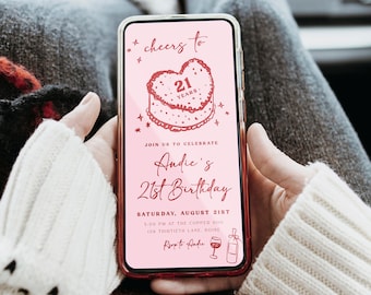 21st Birthday Text Invitation Template | Editable Cheers to 21 Years Illustrated Birthday Party Invite | Pink and Red Coquette S651