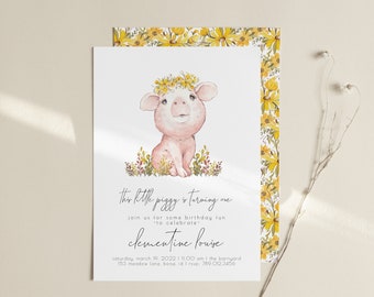 This Little Piggy is One Birthday Invitation | Pig First Birthday Invite Editable Template | Girl Farm Bday Invite