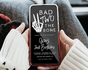 Bad Two the Bone 2nd Birthday Invitation Text Template | Editable Fall Halloween Second Birthday E-Invite Skeleton Peace Hand S366