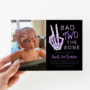 Bad Two the Bone Girl 2nd Birthday Picture Invitation Template | Editable Fall Second Bday Photo Invite Skeleton Peace Hand in Purple S706