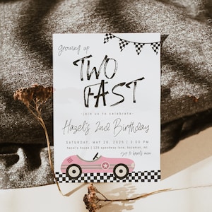 Two Fast Girl Birthday Invitation Template | Editable Pink Race Car 2nd Birthday Invite | Growing Up Two Fast Second Bday Invite S469