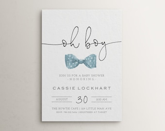 Editable Little Man Baby Shower Invitation Template | Oh Boy Baby Shower Invite | Blue Bowtie Invite S103