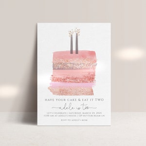 Girl 2nd Birthday Invitation | Have Your Cake and Eat it Two Pink Birthday Cake Invitation | Second Bday Editable Template S170