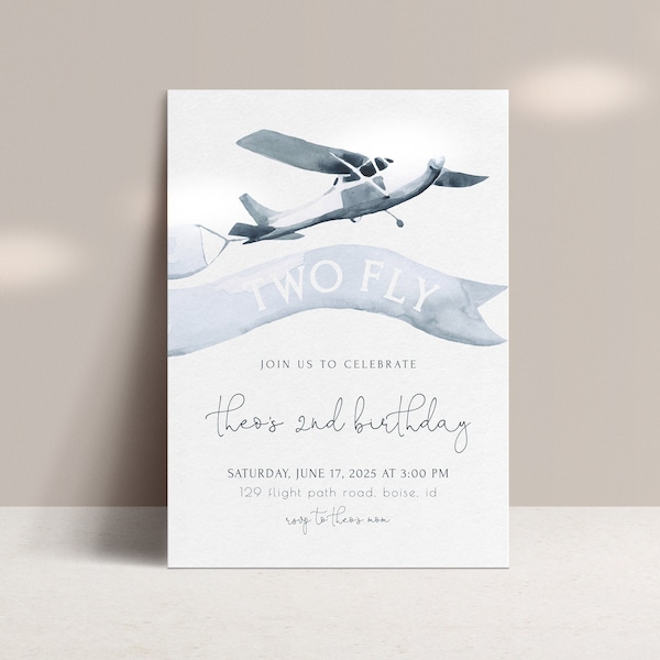 Airplane 2nd Birthday Invitation Template | TWO Fly Vintage Plane Boy Second Bday Editable Invite | Aviator Pilot Birthday S204