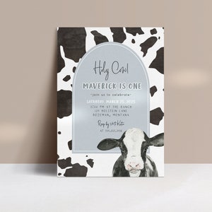 Holy Cow I'm One Birthday Invitation Template | Holy Cow Farm Boy 1st Bday Party Editable Invite S414