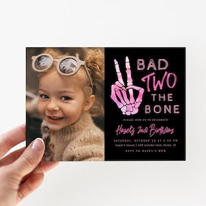 Bad Two the Bone Girl 2nd Birthday Picture Invitation Template | Editable Fall Second Bday Photo Invite Skeleton Peace Hand Pinkoween S609