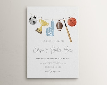 Rookie Year Birthday Invitation Template | Editable Sports First Birthday Invite | Let's Have a Ball Little Rookie is One Soccer S608