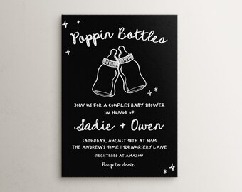 Plantilla de invitación para baby shower de Poppin Bottles / Invitación editable para baby shower de parejas de Poppin Bottles / Barril de pañales para parejas S668