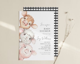 Editable Farm Baby Shower Invitation | Baby Farm Animals Baby Shower Template Invite | Cow Pig Lamb Shower S151