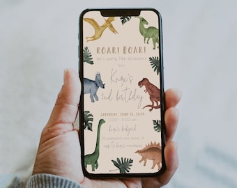 May include: A digital invitation for a dinosaur-themed birthday party. The invitation features a light brown background with green leaves and colorful dinosaurs. The text reads "Roar! Roar! Let's party like dinosaurs. -for Knox's 2nd birthday. Saturday, June 15, 2024. 3:00-5:00 pm. Knox's backyard. 19 Prehistoric Ave, Boise, ID. RSVP to Knox's mom at..."