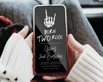 Born TWO Rock 2nd Birthday Invitation Text Template | Editable Rocker Skeleton Hand Second Birthday E-Invite Born 2 Rock S605