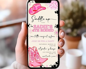 Editable 4th Rodeo Birthday Text Invitation Template | Pink Cowgirl Fourth Birthday Party E-Invite | Disco Rodeo Western Invite S536