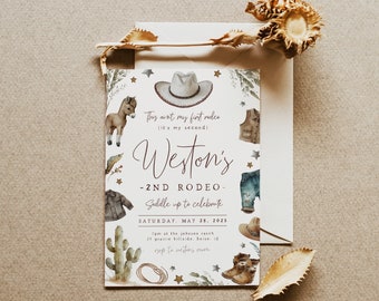 2nd Rodeo Birthday Invitation Template | Editable Cowboy is Two Western Printable Invite | This Ain't My 1st Rodeo, it's My Second S473