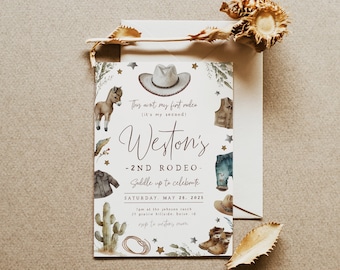 Plantilla de invitación de cumpleaños para el segundo rodeo / Invitación imprimible editable para el segundo cumpleaños de vaquero / Este no es mi primer rodeo, es el segundo S473