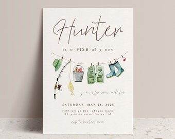 Editable Fishing 1st Birthday Invitation Template | O-FISH-ally One First Birthday Party Invite | Fishing Reel Fun S464