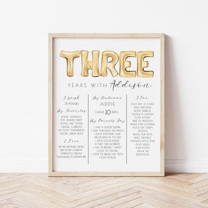 Cartello modificabile per il terzo compleanno / Modello di decorazione per il compleanno con cartello per il terzo compleanno in oro S379