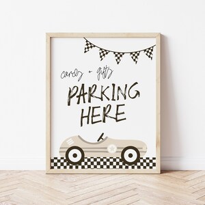 Sjabloon raceautokaarten + cadeaubord | Bewerkbaar parkeren hier TWEE snel tafelbord verjaardagsfeestje | Afdrukbaar Speedy ONE-decor S505