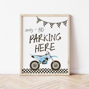 Sjabloon Crossmotorkaarten + Cadeaubord | Bewerkbare Parking Here Racing babyshower afdrukbaar decor TWEE snelle verjaardagscadeau tafelbord S533