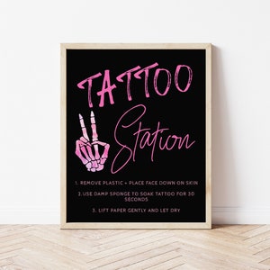 Tattoo Station Sign for Bad TWO the Bone Birthday Party | Editable Pink Skeleton Peace Sign Template | Bad 2 the Bone Decorations S609
