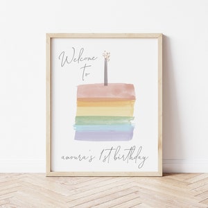 Rainbow 1st Birthday Party Welcome Sign | Girl Pastel Rainbow Cake Bday Decor Editable Template S214