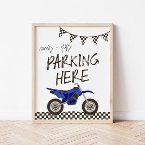 Sjabloon Crossmotorkaarten + Cadeaubord | Bewerkbaar parkeren hier TWEE snel tafelbord verjaardagsfeestje | Afdrukbaar Speedy ONE-decor S534