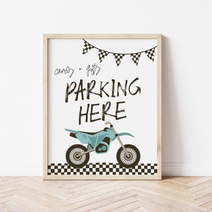 Sjabloon Crossmotorkaarten + Cadeaubord | Bewerkbaar parkeren hier TWEE snel tafelbord verjaardagsfeestje | Printbaar Speedy ONE-decor S479