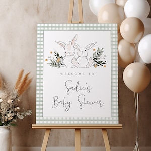 Bunny Baby Shower Welcome Sign Template | Editable Some Bunnies are on Their Way Baby Shower Welcome Decor Twin Bunnies S618