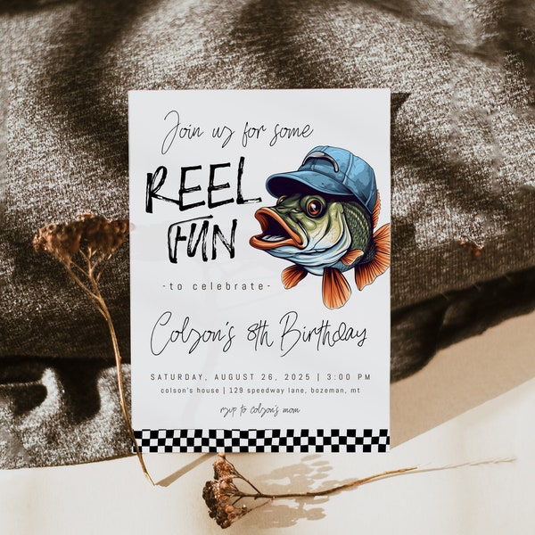 Editable Fish Birthday Invitation Template | Reel Fun Bass Birthday Party Invite | Fishing Boy Birthday S552