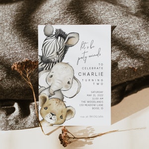Wild One 1st Birthday Invitation | Safari Party Animals Bday Invite Editable Template Download | Boy Jungle First Bday Invite | S195