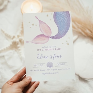 Editable Mermaid Birthday Invitation Template | Under the Sea Purple Mermaid Invite Girl 4th Bday Pool Party S250