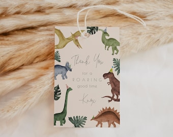 Dino Thank You Favor Tag Template | Roaring Good Time 1st Birthday Printable Gift Tag | Dinosaur Three Rex Party S599