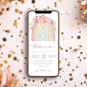 Boho Rainbow Birthday Text Invitation | Girl 1st Birthday Floral Rainbow Editable Invite Template S205