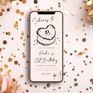 21st Birthday Text Invitation Template | Editable Cheers to 21 Years Hand Drawn Birthday Party Paperless E-Invite | Pink Coquette Bday S640