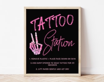 Tattoo Station Sign for Bad TWO the Bone Birthday Party | Editable Pink Skeleton Peace Sign Template | Bad 2 the Bone Decorations S609
