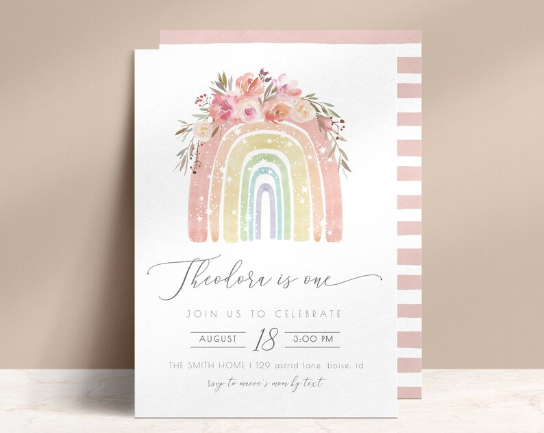 Editable Rainbow Birthday Invitation Modern Boho Rainbow 1st Bday Template Invite Muted Rainbow 2nd 3rd 4th S205