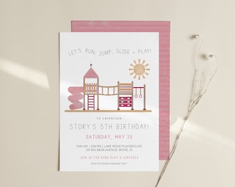 Playground Birthday Invitation | Girl Park Bday Party Invite Editable Template Invite | Pink Outdoor Bday Invite Run Jump Slide Play S499