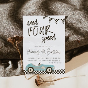 Race Car 4th Birthday Invitation Template | Editable Need FOUR Speed Birthday Invite | Racing Fourth Bday Invite S437