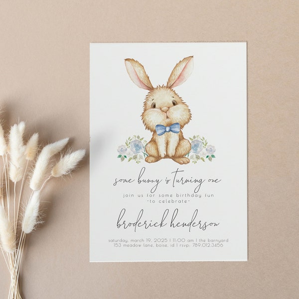 Some Bunny Birthday Editable Invitation | Boy Bunny is turning One 1st Bday Spring Invite Template Easter Rabbit First Birthday S157