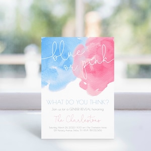 Gender Reveal Einladung | Bearbeitbare Vorlage | Rosa oder Blau, er oder sie Aquarell einladen