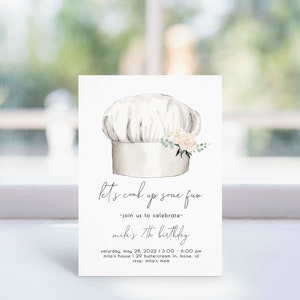 Convite para festa de aniversário de culinária | Modelo editável para festa de aniversário de chef | Vamos cozinhar e nos divertir S210